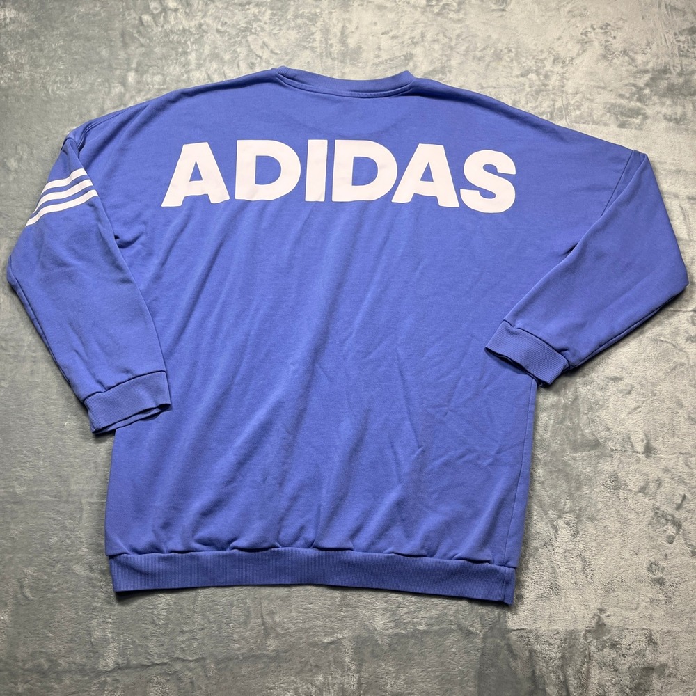 Adidas Sweatshirt Women L Blue Oversized Crewneck Graphic‎ Back Logo 3 Stripes